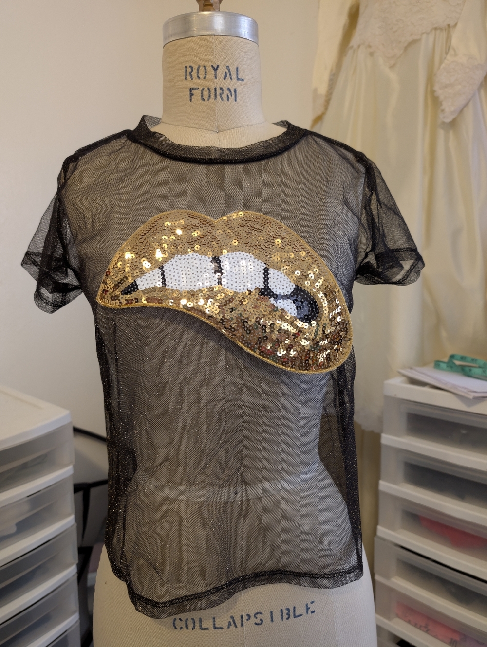 Black Sheer Mesh Tee with Gold Sequin Lip Applique